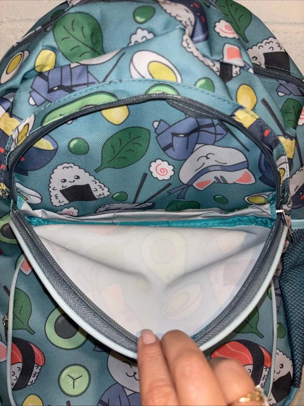 Women’s Sushi Kitty backpack book bag teal green with laptop sleeve